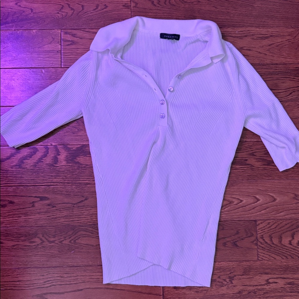 Dynamite White Ribbed Button-Up Top